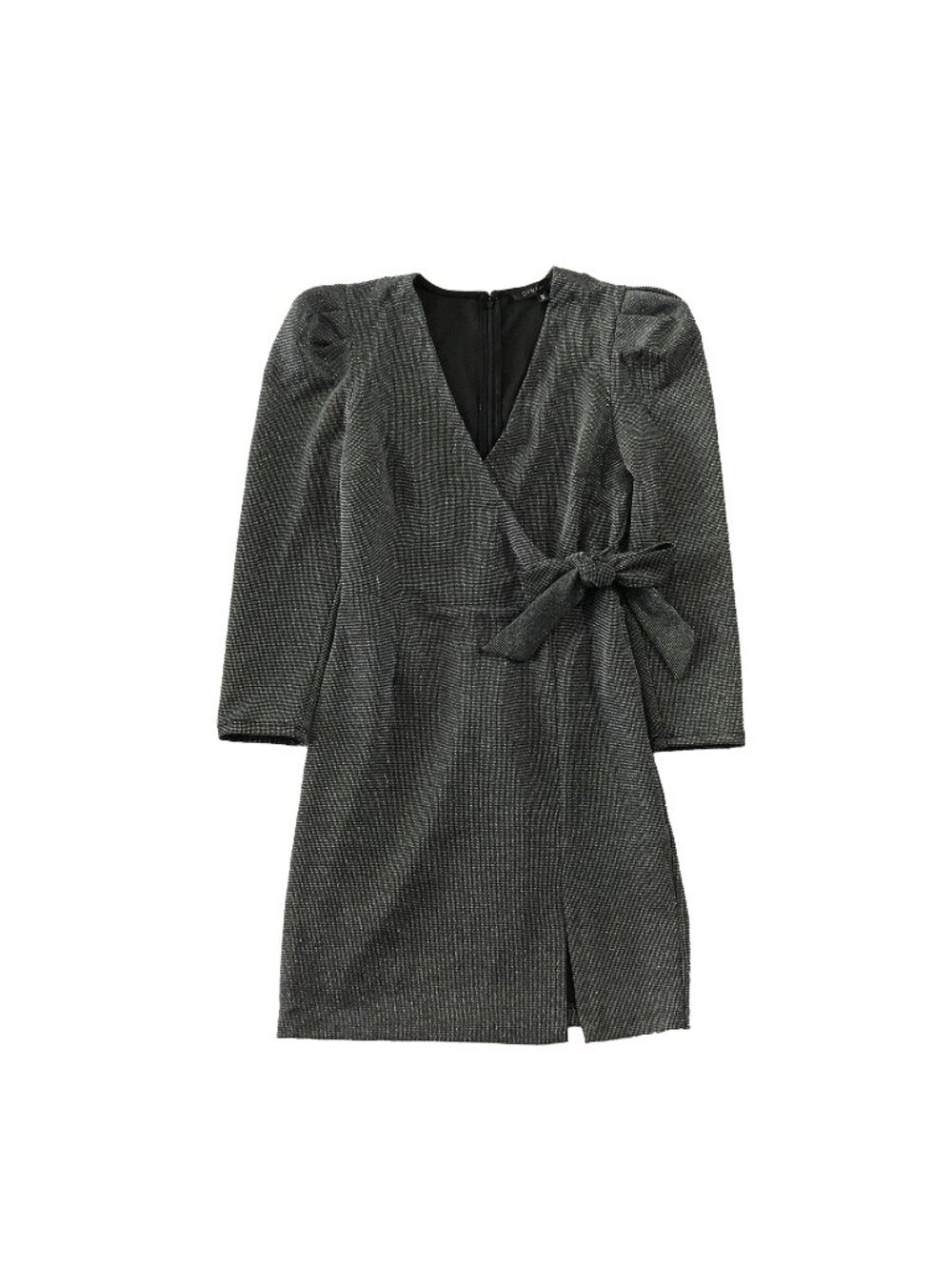 Dynamite Wrap Dress Womens Sz S Silver Metallic Shimmer V-Neck Puff Long Sleeve